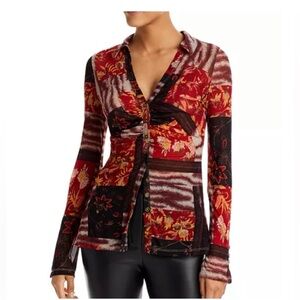 Free People Lucky Printed Blouse Patchwork Semi Sheer Mesh Boho Button Large